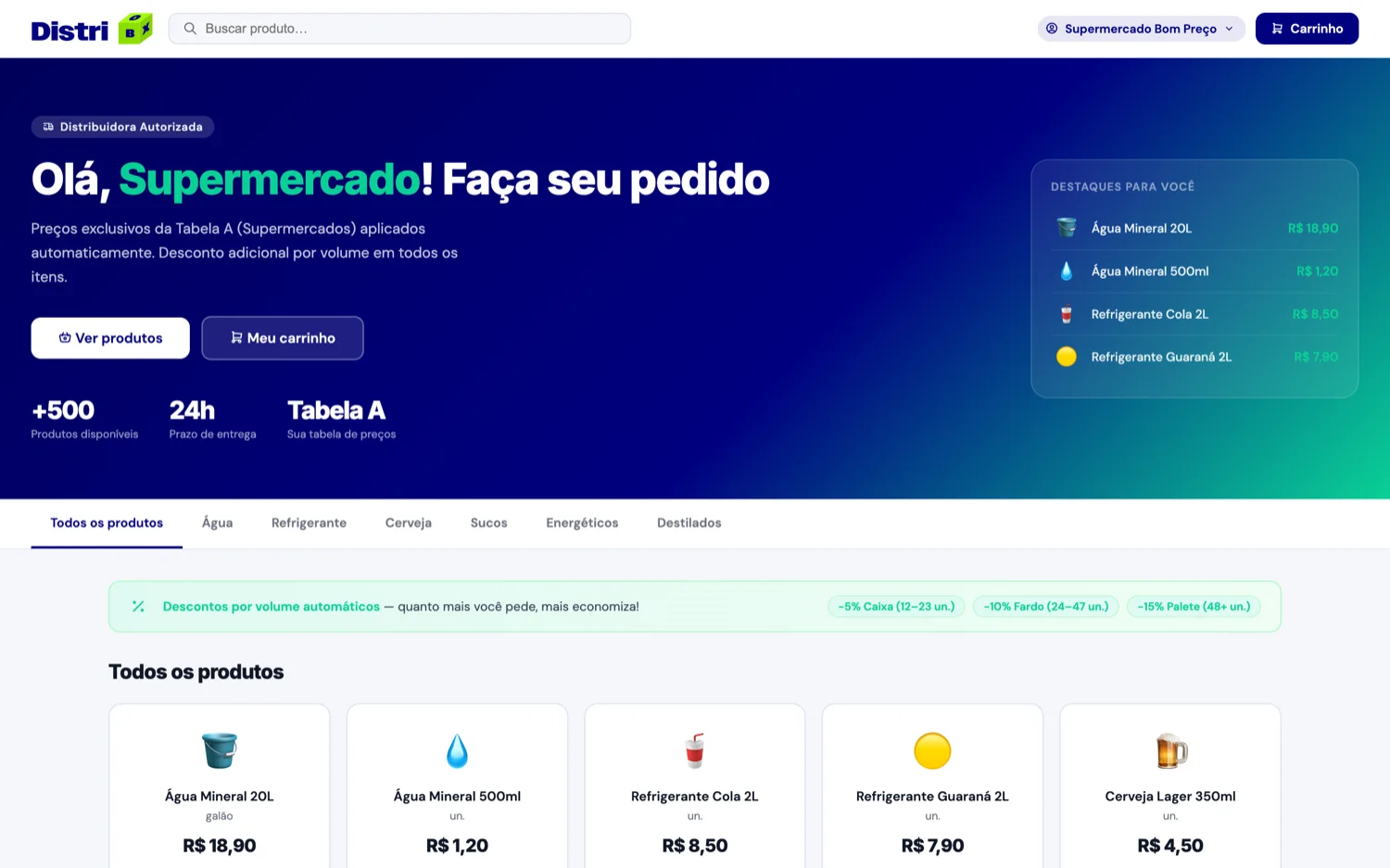 Portal de pedidos da distribuidora no Distribox, com preços exclusivos por cliente