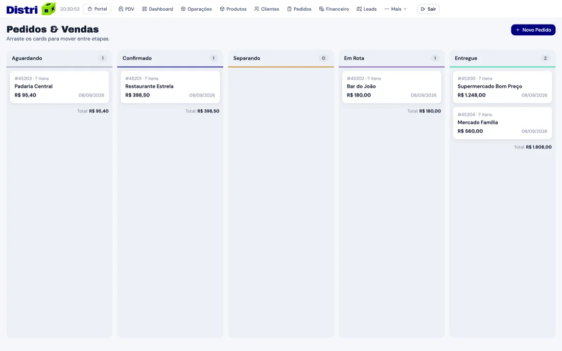 Kanban de pedidos do sistema para distribuidora — do aguardando ao entregue